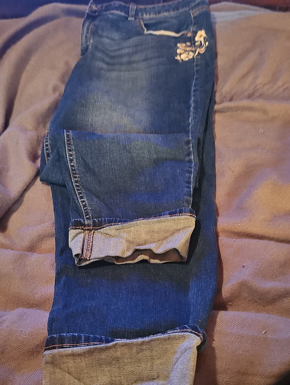 Time and Tru Dark Blue Cropped Ankle Jeans with Embroidered Detail